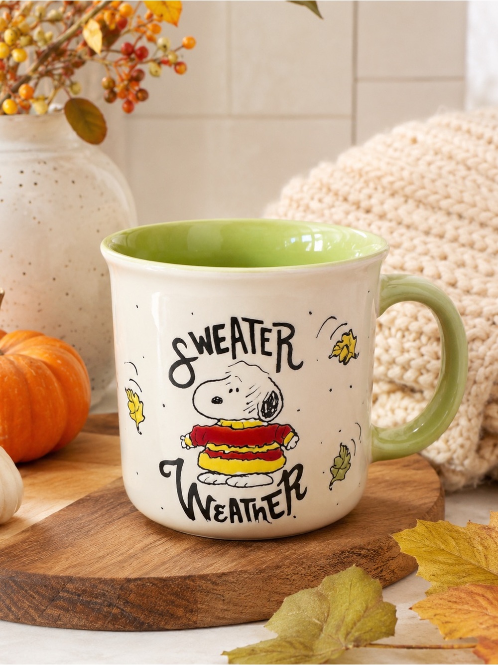 Peanuts Snoopy “Sweater Weather” Fall Camper Mug 21 Oz Green NWT 2026